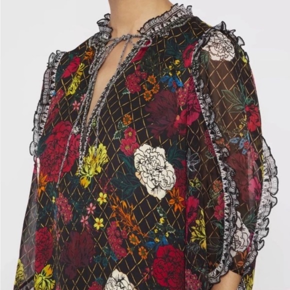 Alice + Olivia Julius Mona Ruffle Sleeve Mini Dress XS Boho Floral Shift - Picture 10 of 13